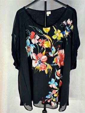 Avenue Black Blouse with Multicolor Floral Print Plus Size Short Sleeve